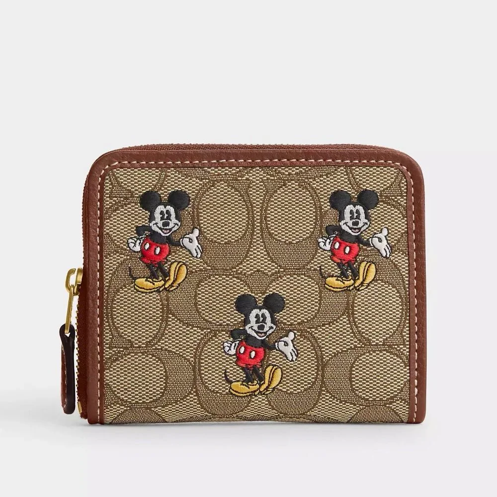 🐭Disney X Coach Small Zip Around Wallet In Signature Jacquard With Mickey Mouse